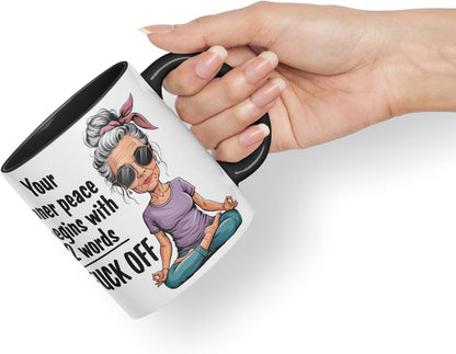 Vixar Your Inner Peace Begins with 2 Words – F*ck Off – Coloured Ceramic Mug Cup Gift, 11oz (Black)