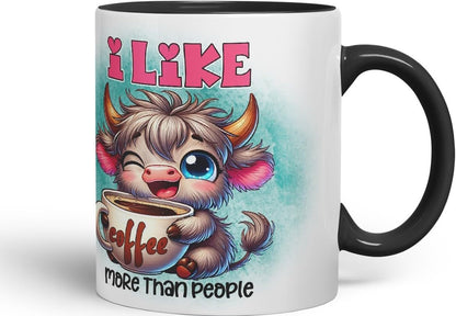 Vixar I Like Coffee More Than People Highland Cow Coloured Ceramic Mug Cup Gift for Coffee Lovers 11oz (Black)