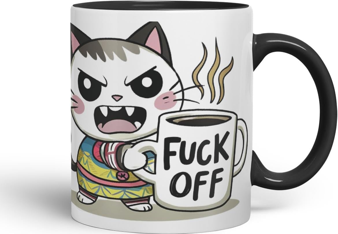 Vixar Angry Cat F** Off – Coloured Ceramic Mug Cup Gift, 11oz (Black)
