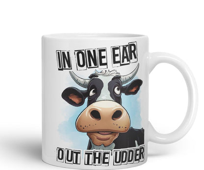 Vixar in One Ear Out The Udder Cow Joke Coloured Ceramic Mug Cup Gift, 11oz (Black)