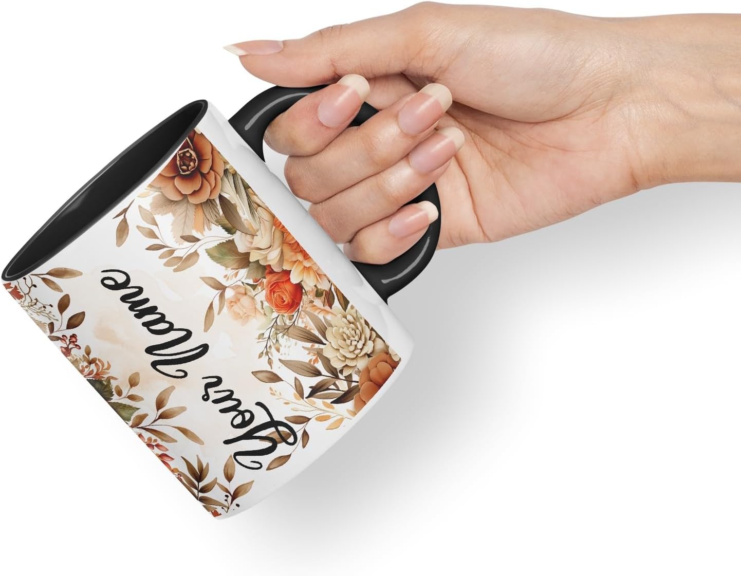 Vixar Personalised Autumn Flower Mug – Custom Your Name Coloured Ceramic Mug Cup Gift, 11oz (Black)