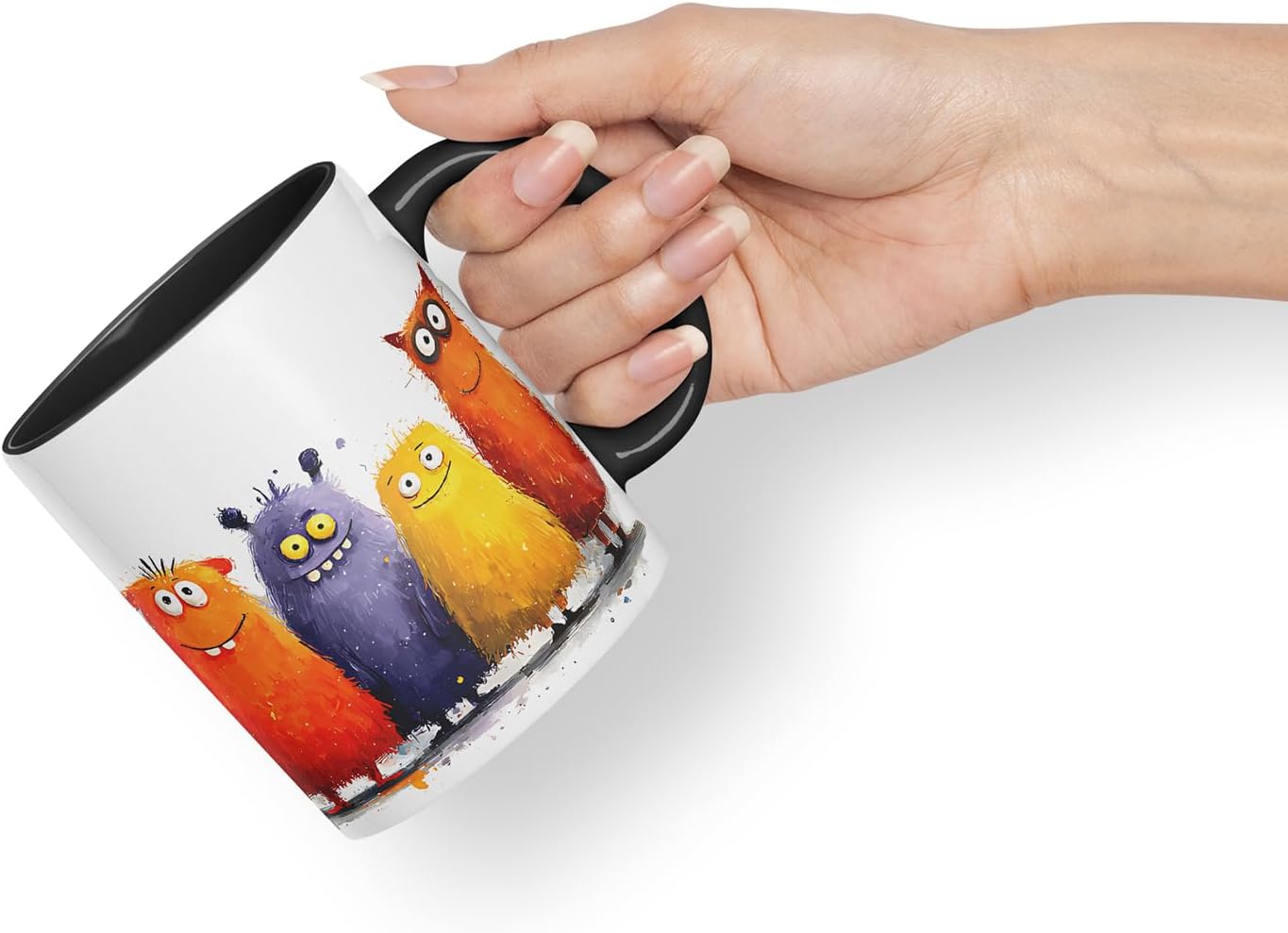 Vixar Funny Colourful Monsters Design – Coloured Ceramic Mug Cup Gift, 11oz (Black)