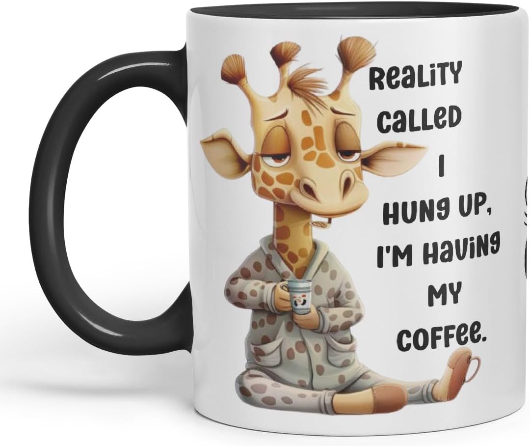 Vixar Reality Called, I Hung Up Sarcastic Giraffe Coloured Ceramic Mug Cup Gift 11oz (Black)
