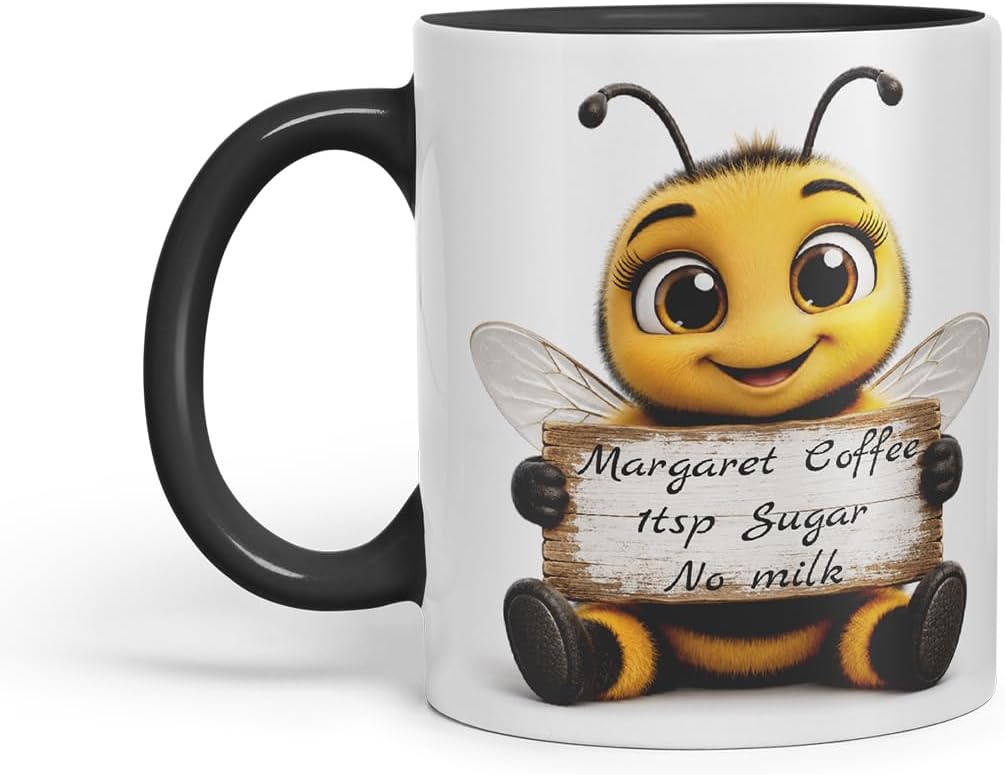 Vixar Personalised Bee Mug with Name or Custom Message – Cute Animal Coloured Ceramic Mug Cup Gift, 11oz (Black)