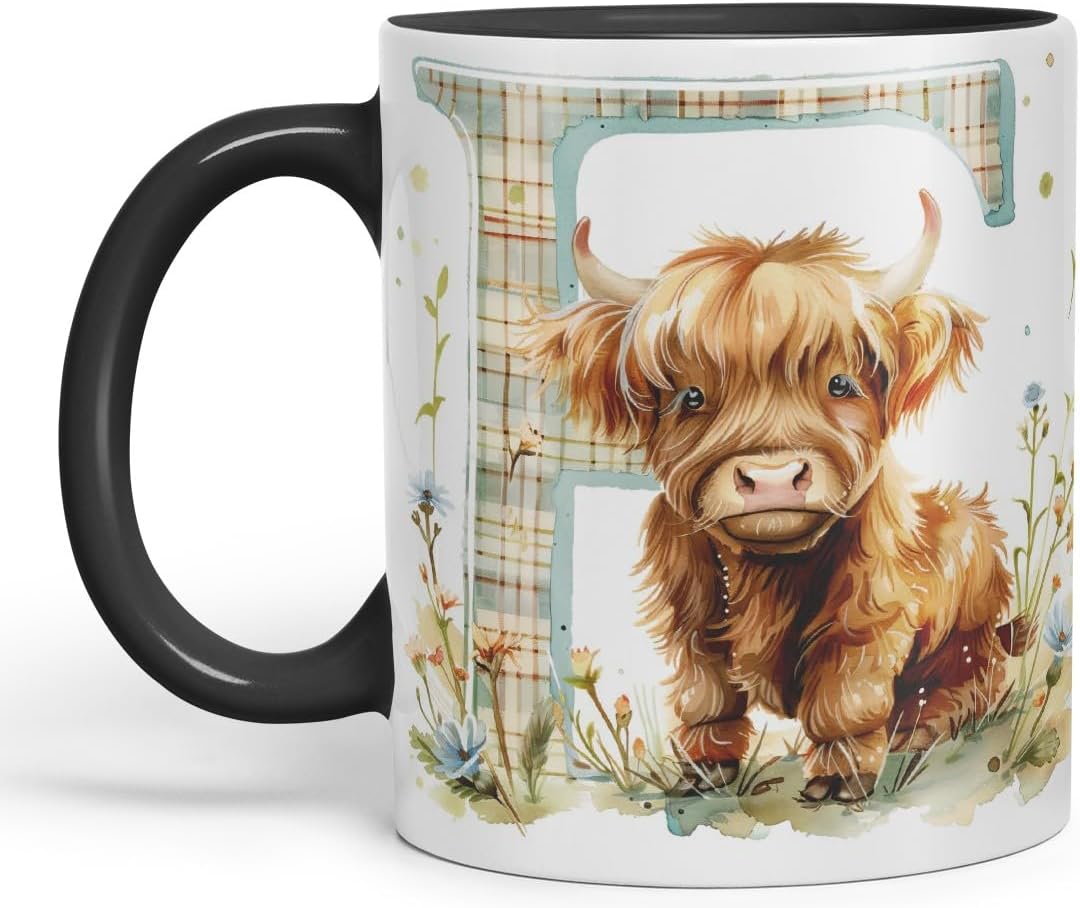 Vixar Highland Cow Alphabet Monogram Coloured Ceramic Cup Mug – Letter F – Rustic Farmhouse Animal Letter Gift – 11oz (Black)
