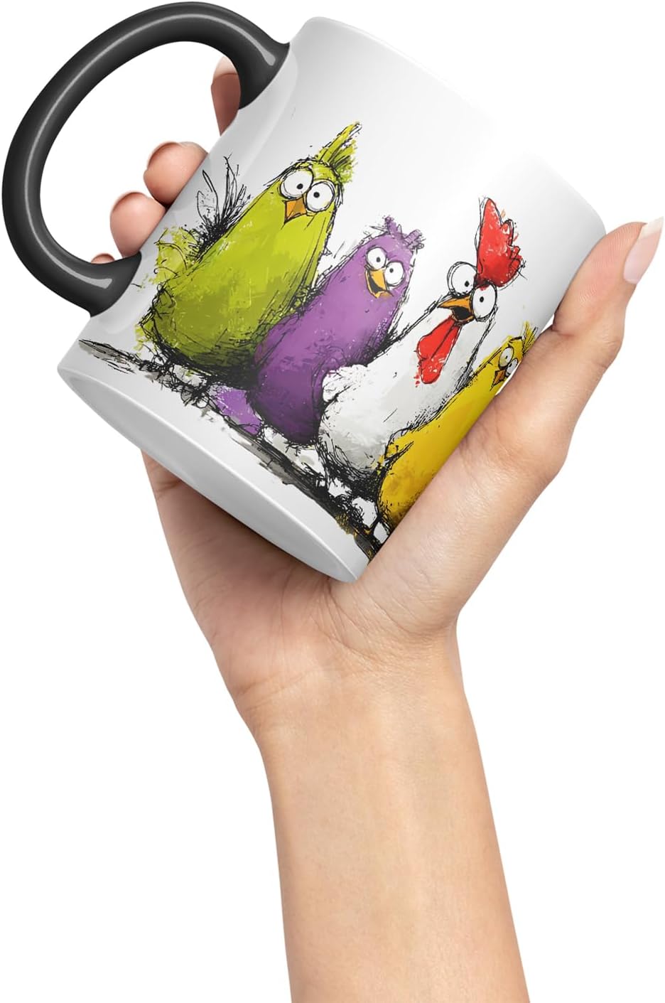 Vixar Funny Colourful Chickens Design – Coloured Ceramic Mug Cup Gift, 11oz (Black)