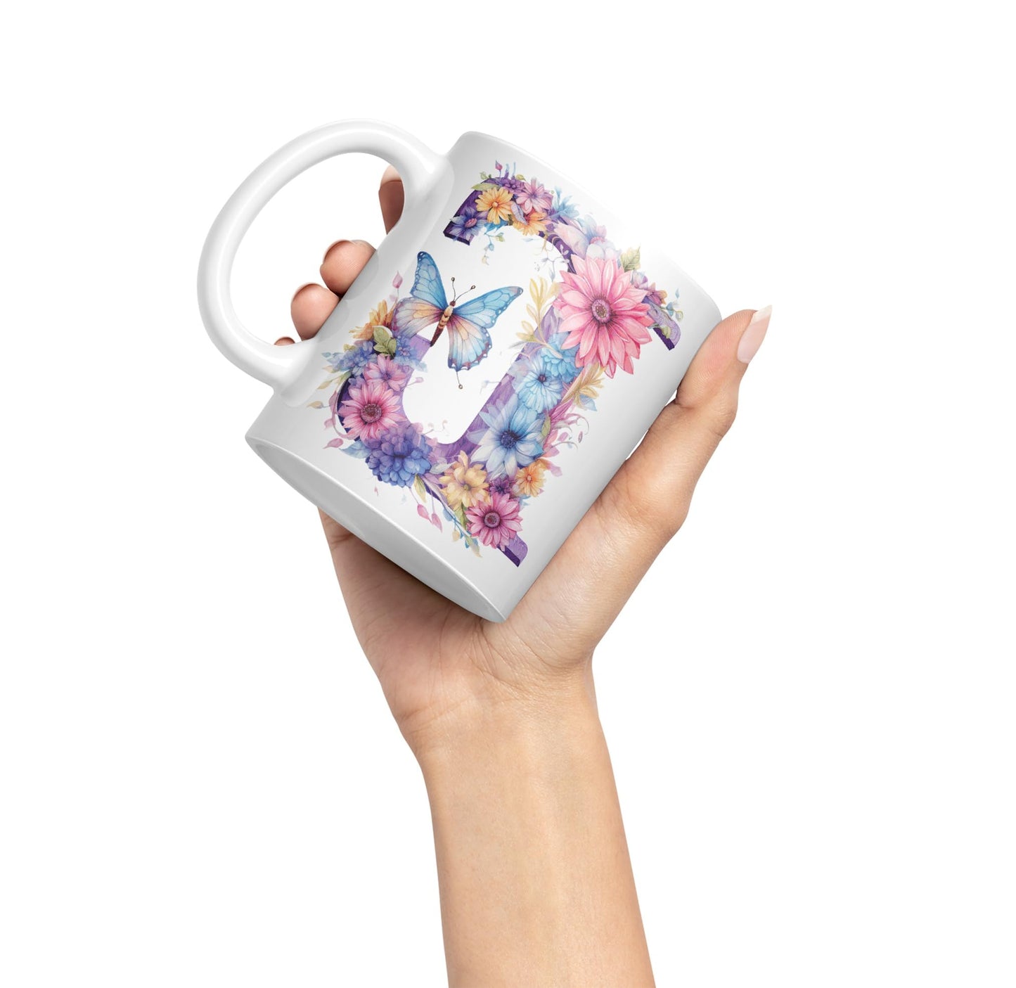 Letter J mug, Floral flowers butterfly Alphabet Letter J Monogram watercolour Ceramic Coloured Mug Cup for Tea Coffee Hot brew 330ml 11Oz Gift