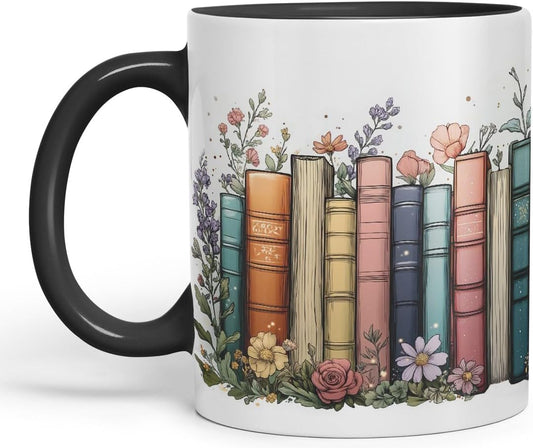 Vixar Floral Bookshelf Coloured Ceramic Mug Cup Gift, 11oz (Black)