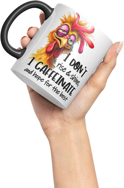 Vixar Mug Sarcastic with Text: I Don’t Rise & Shine I Caffeinate and Hope for The Best Coloured Ceramic Mug Cup 11oz Funny Sarcastic Gift (Black)