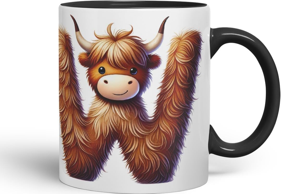 Highland Cow Alphabet Monogram Coloured Ceramic Cup Mug Letter W Rustic Farmhouse Animal Letter Gift V2 11oz (Black)