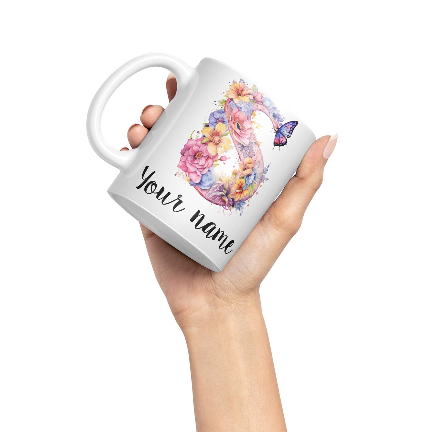 Personalised Letter S mug, Customized Custom Floral flowers butterfly Alphabet Letter S Monogram watercolour Ceramic Coloured Mug Cup for Tea Coffee Hot brew 330ml 11Oz Gift