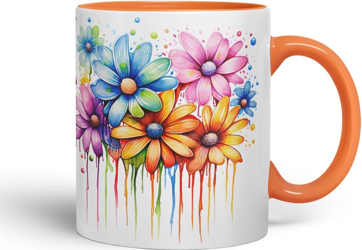 Vixar Daisy Meadow Mug Coloured Ceramic Mug Cup Gift, 11oz (Orange)