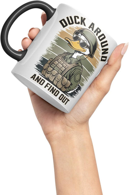 Vixar Duck Around and Find Out – Coloured Ceramic Mug Cup Gift, 11oz (Black)