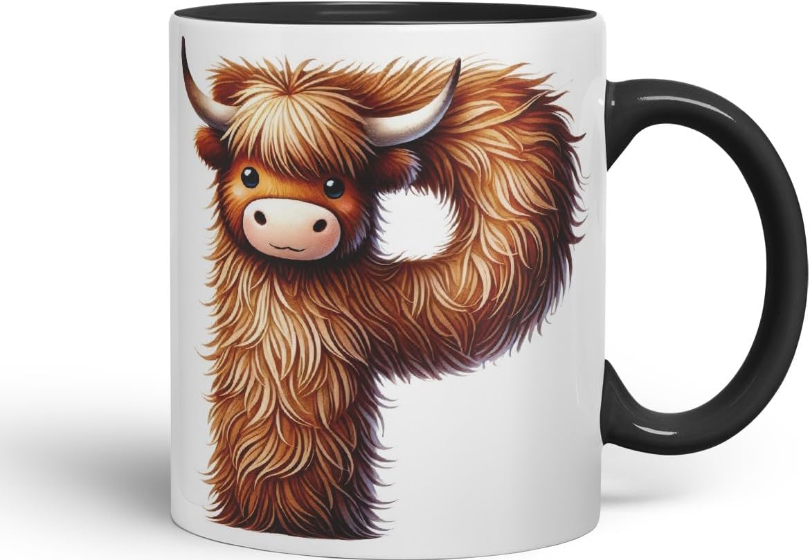 Highland Cow Alphabet Monogram Coloured Ceramic Cup Mug Letter P Rustic Farmhouse Animal Letter Gift V2 11oz (Black)