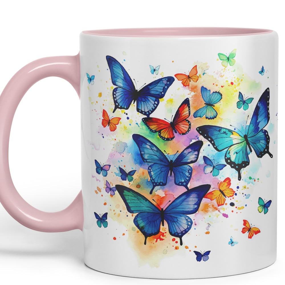 Vixar Ceramic Mug “Blue Butterflies” – Coloured Coffee & Tea Mug Cup 11oz 330ml (Cambridge Blue)