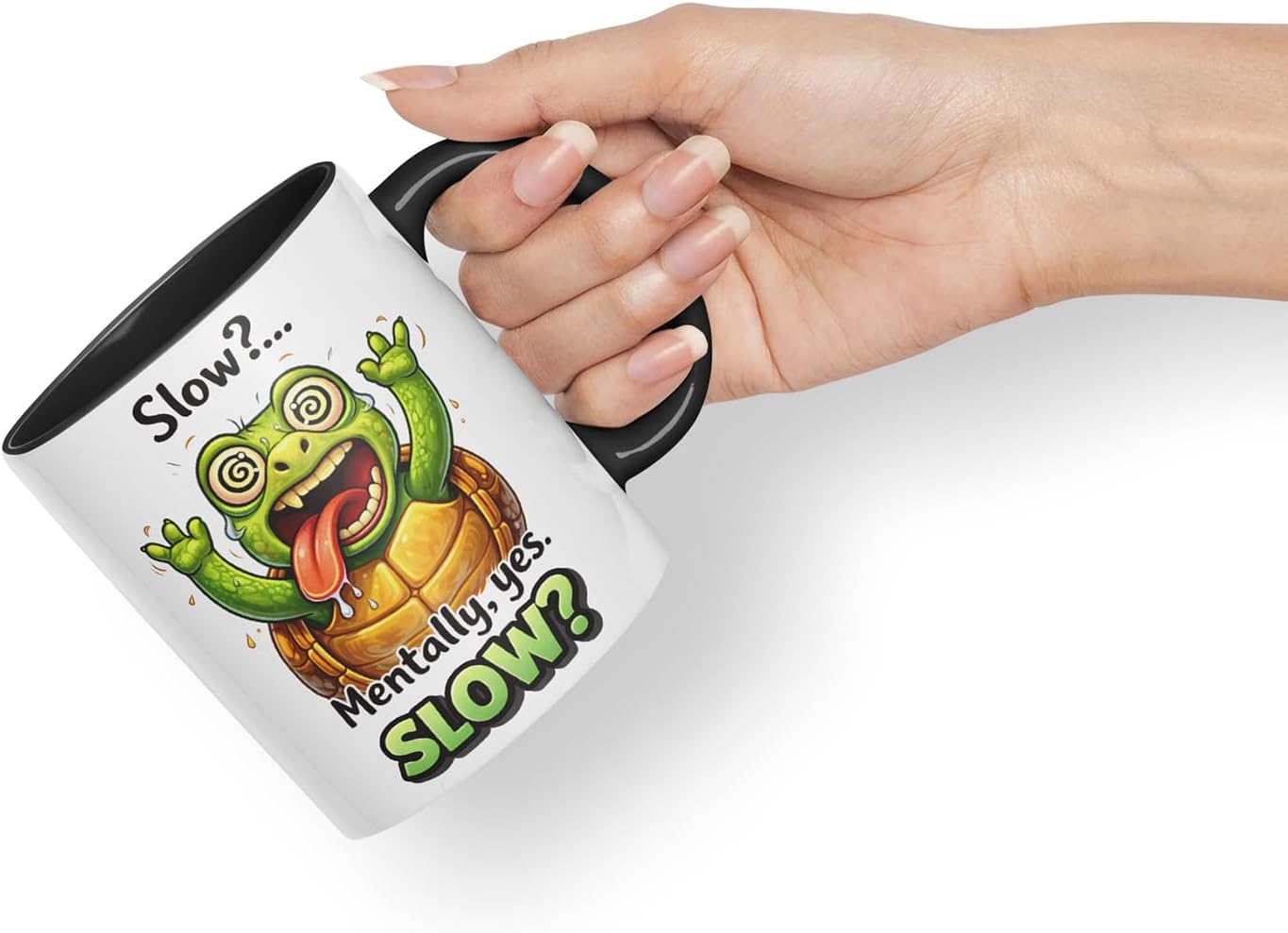 Vixar Slow Mentally Yes Slow Turtle Coloured Ceramic Mug Cup Gift, 11oz (Black)