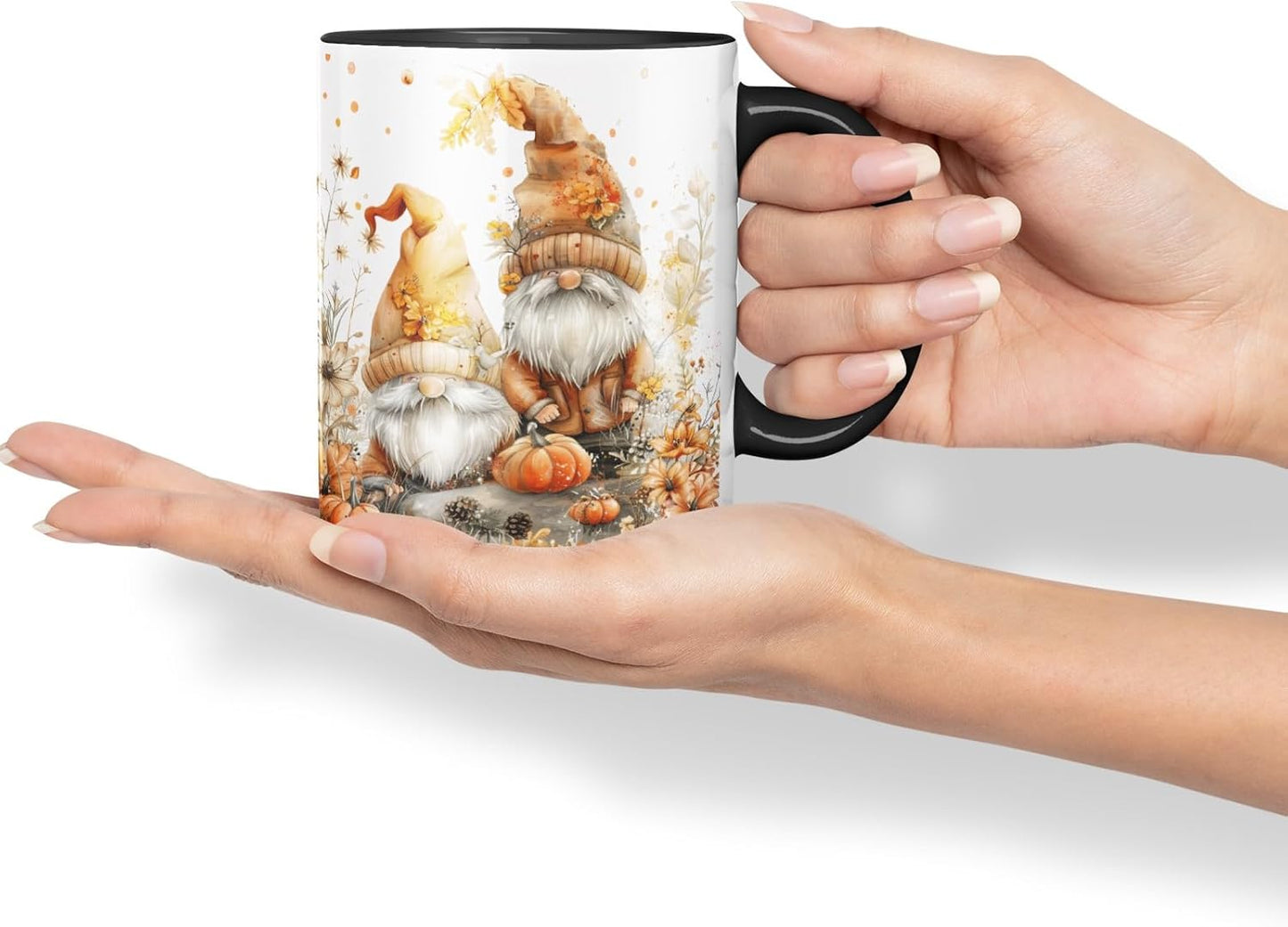 Vixar Ceramic Mug with Autumn Gnomes and Pumpkins Gnome Ceramic Coloured Mug Cup 330ml 11Oz (Black)