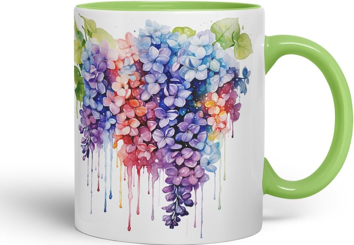 Vixar Lilac Spring Blossom Mug Coloured Ceramic Mug Cup Gift, 11oz (Light Green)