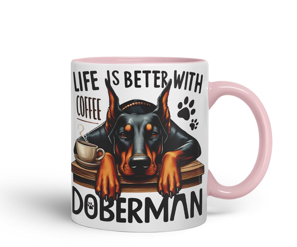 Vixar Life is Better with Coffee Doberman Dog Mug – Coloured Ceramic Mug Cup Gift, 11oz (Black)