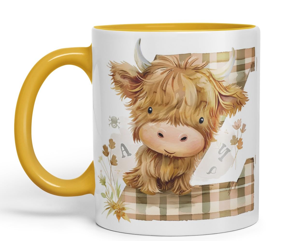 Vixar Highland Cow Alphabet Monogram Coloured Ceramic Cup Mug – Letter Z – Rustic Farmhouse Animal Letter Gift – 11oz (Black)