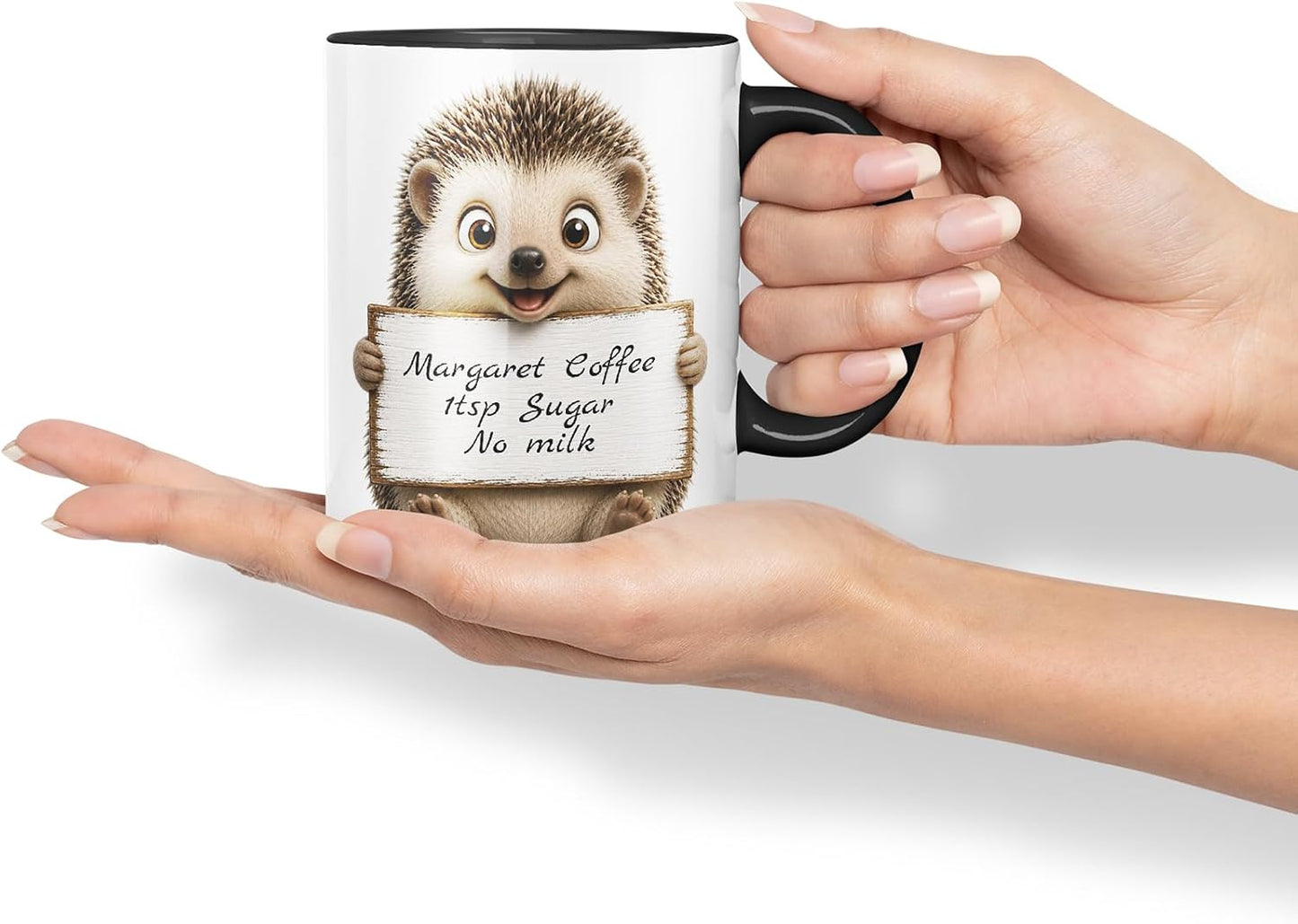 Vixar Personalised Hedgehog Mug with Name or Custom Message – Cute Animal Coloured Ceramic Mug Cup Gift, 11oz (Black)