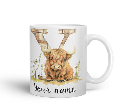 Vixar Personalised Highland Cow Initial Letter Y Custom Name Mug – Coloured Ceramic Mug Cup Gift, 11oz (Black)