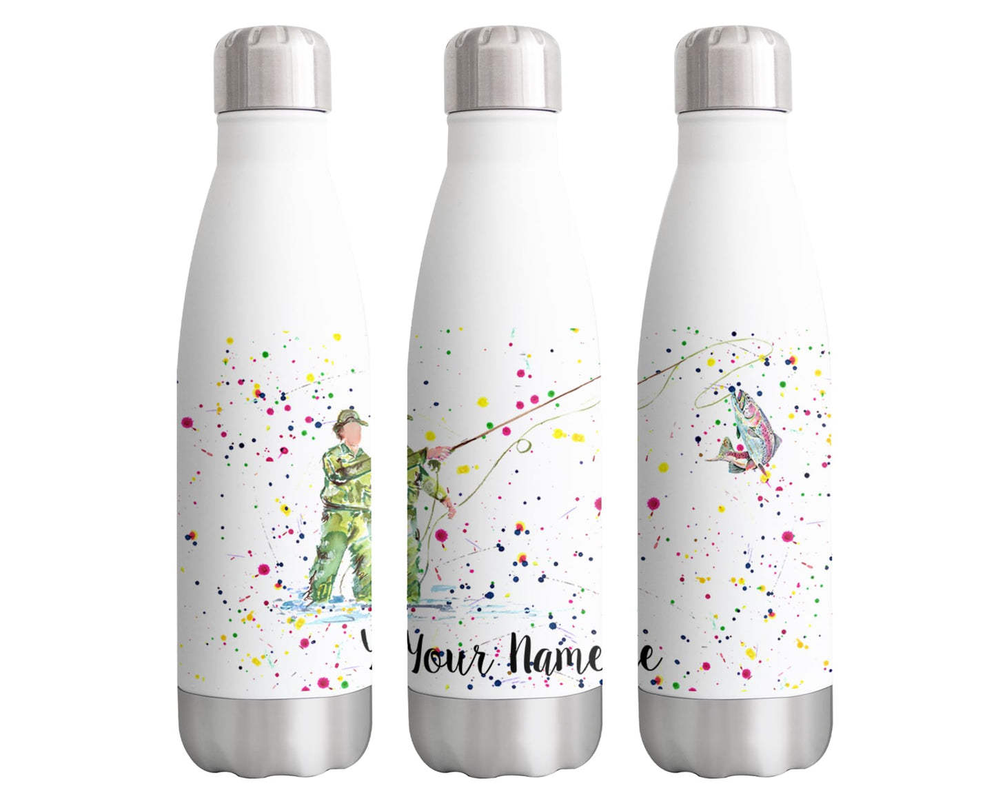 Vixar Fisherman Personalised Custom Bottle with your Text/name Fishing Fly fish dad Grandad father Watercolour Art animals Bottle double Wall insulated Stainless steel sport Drinks 500ml