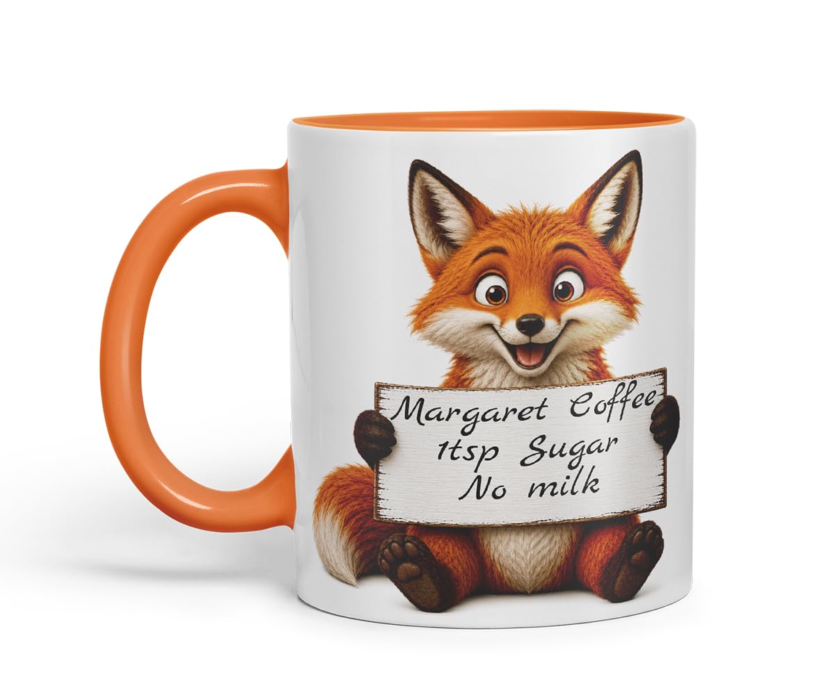 Vixar Personalised Fox Mug with Name or Custom Message – Cute Animal Coloured Ceramic Mug Cup Gift, 11oz (Black)