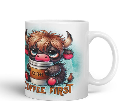 Vixar Coffee First Highland Cow Coloured Ceramic Mug Cup Gift for Coffee Lovers 11oz (Black)