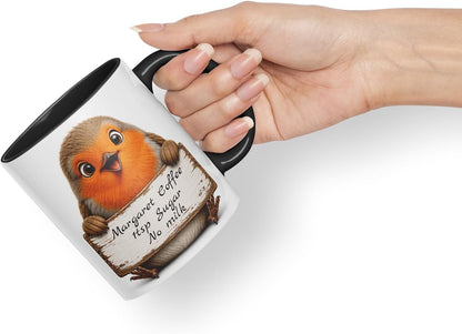Vixar Personalised Robin Mug with Name or Custom Message – Cute Animal Coloured Ceramic Mug Cup Gift, 11oz (Black)