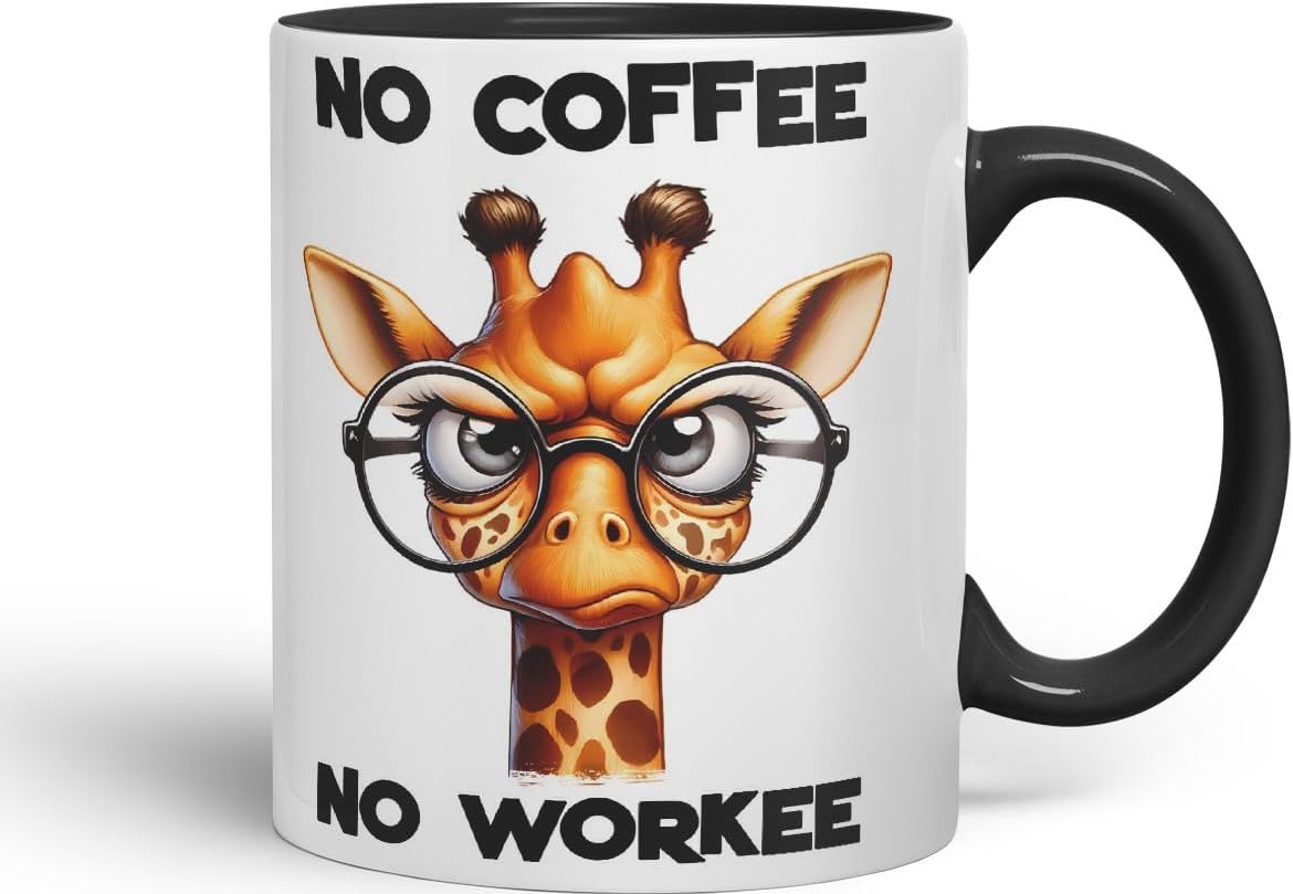 Vixar No Coffee No Workee Sarcastic Giraffe Mug, Coloured Ceramic Cup 11oz (Black)