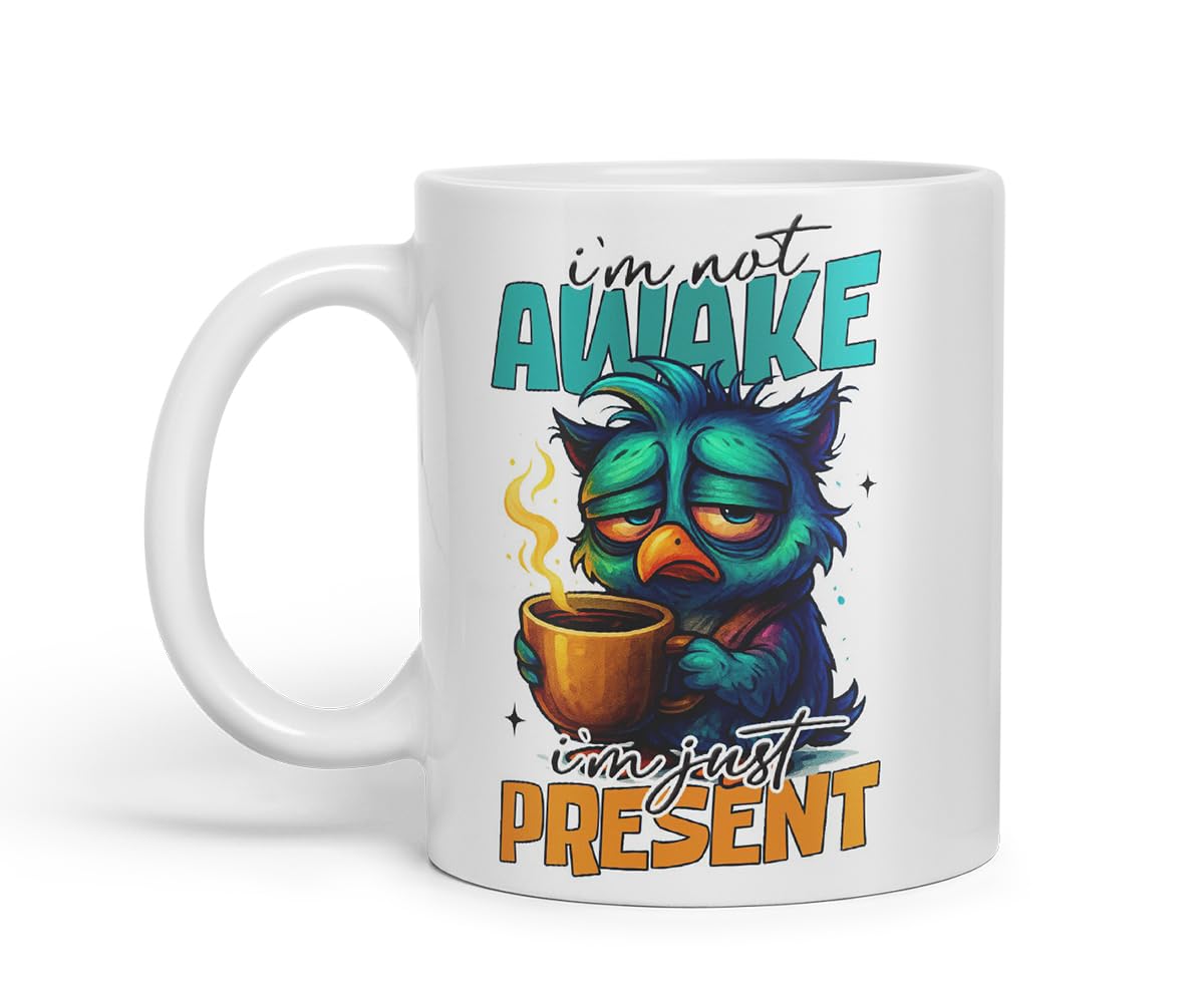 Vixar I'm Not Awake I'm Just Present Funny Owl Coffee Mug – Coloured Ceramic Mug Cup Gift, 11oz (Black)