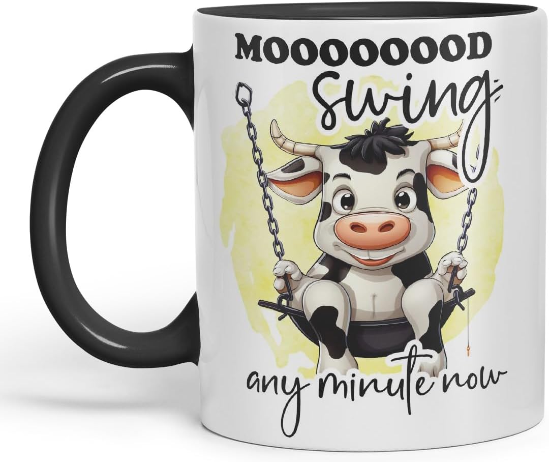 Vixar Mood Swing Any Minute Now Cow Joke Coloured Ceramic Mug Cup Gift, 11oz (Black)