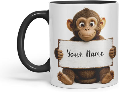 Vixar Personalised Monkey Mug with Name or Custom Message – Cute Animal Coloured Ceramic Mug Cup Gift, 11oz (Black)