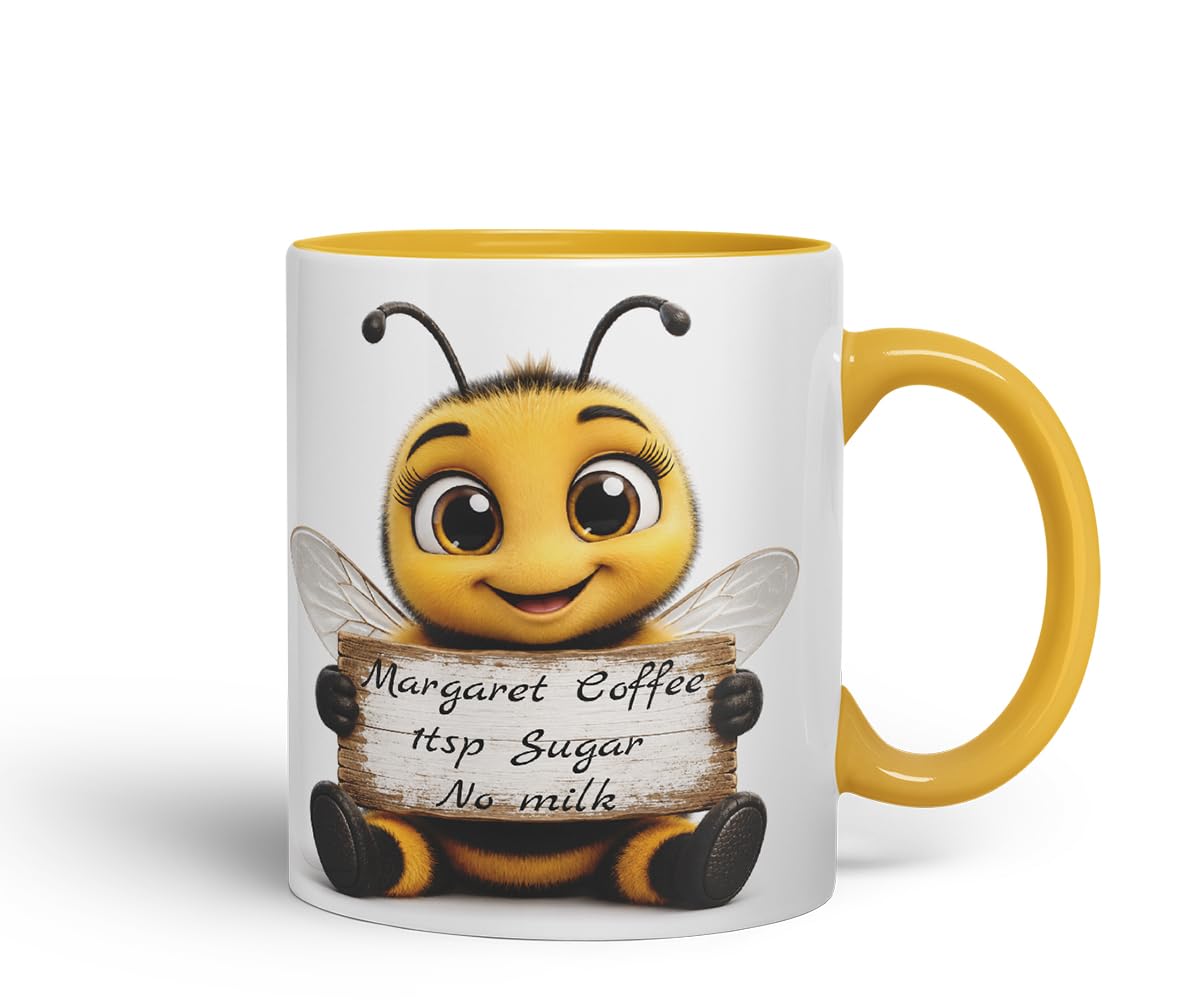 Vixar Personalised Bee Mug with Name or Custom Message – Cute Animal Coloured Ceramic Mug Cup Gift, 11oz (Black)