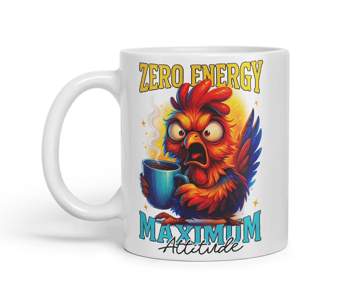 Vixar Zero Energy Maximum Attitude Funny Chicken Coffee Mug – Coloured Ceramic Mug Cup Gift, 11oz (Black)