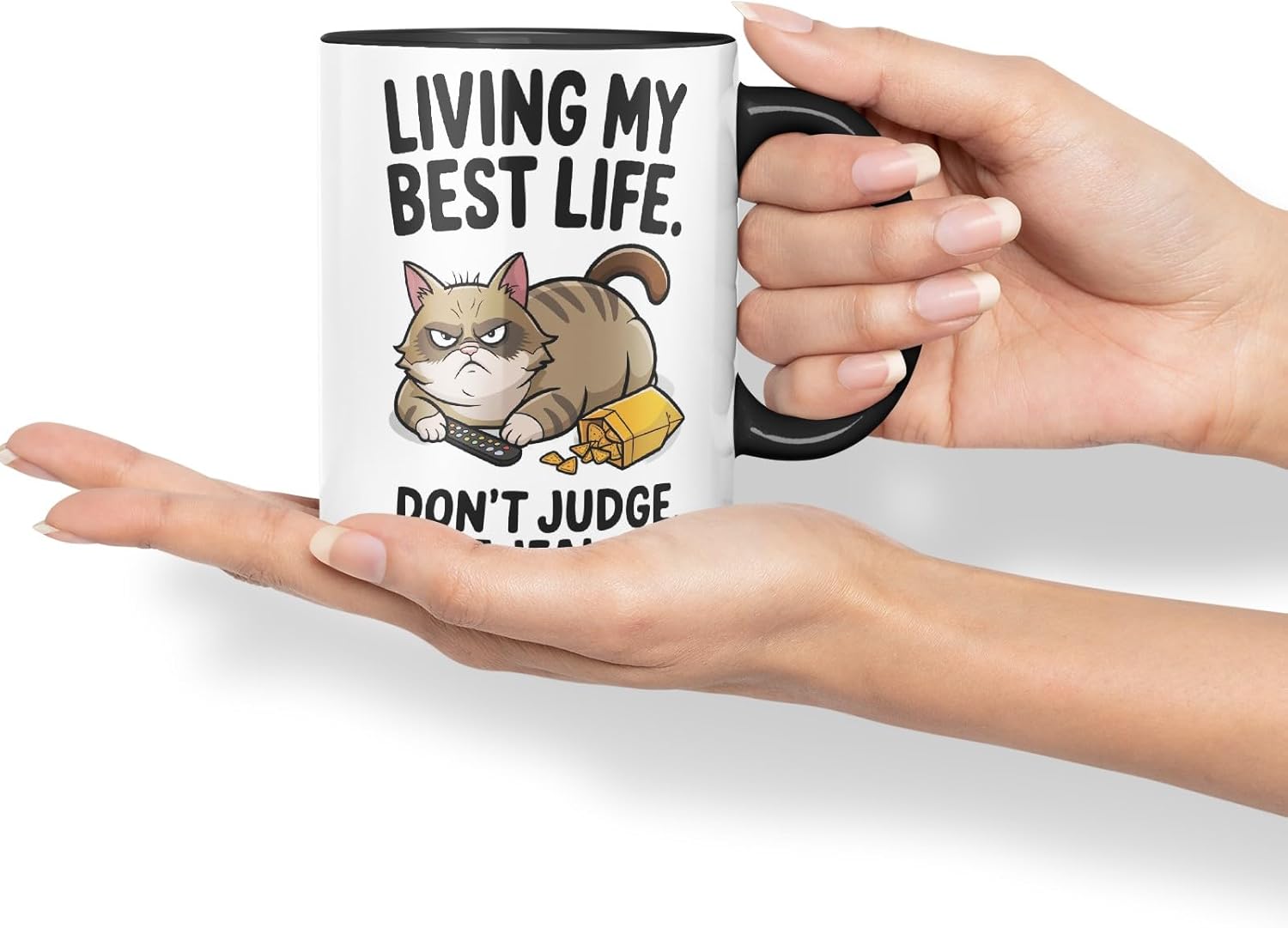 Living My Best Life Don’t Judge Cat Mug – Coloured Ceramic Mug Cup Gift, 11oz (Black)