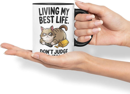 Living My Best Life Don’t Judge Cat Mug – Coloured Ceramic Mug Cup Gift, 11oz (Black)