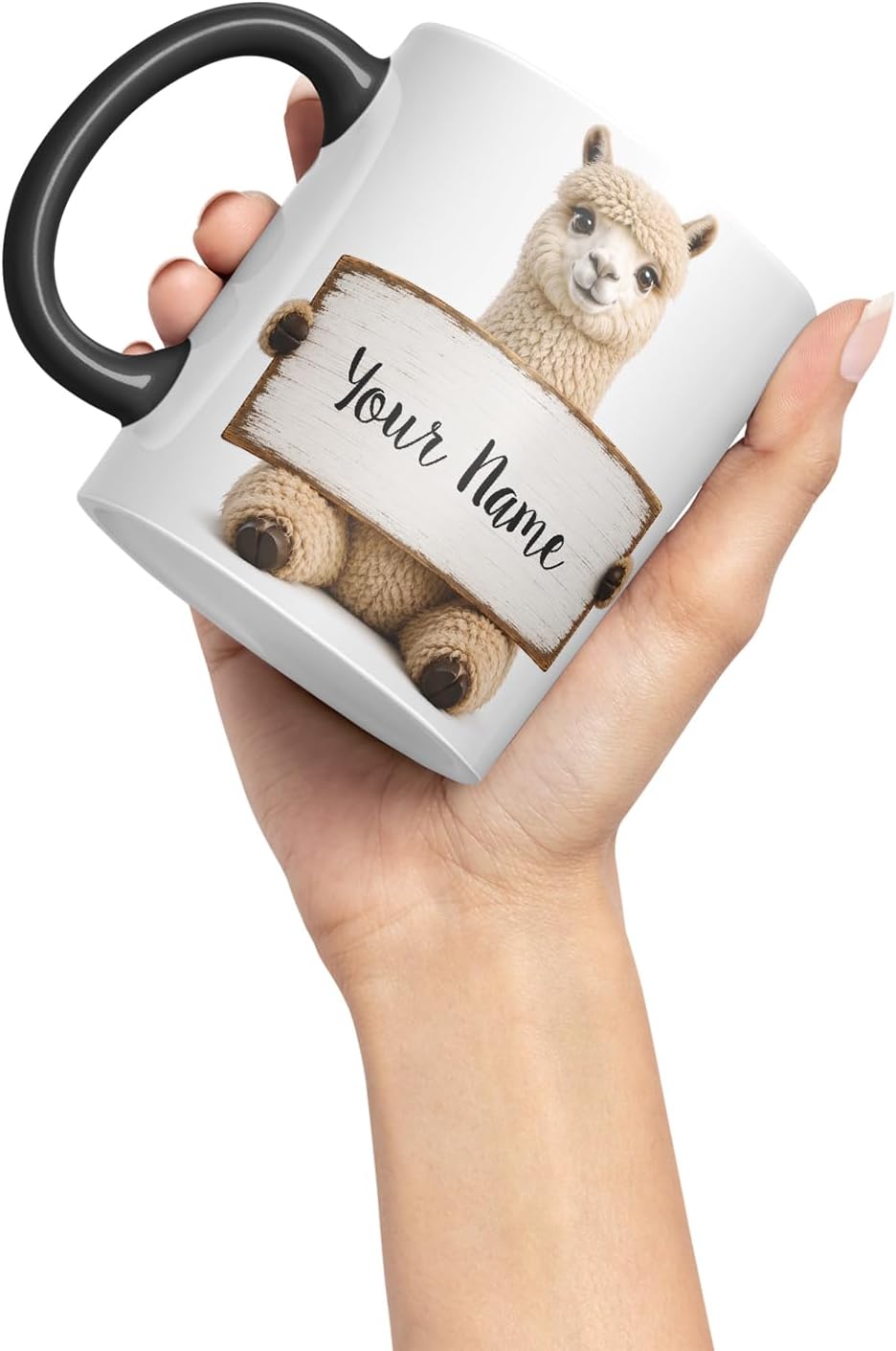 Vixar Personalised Alpaca Mug with Name or Custom Message – Cute Animal Coloured Ceramic Mug Cup Gift, 11oz (Black)