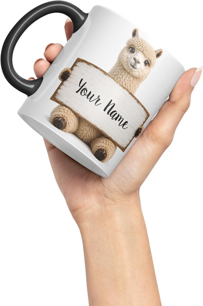 Vixar Personalised Alpaca Mug with Name or Custom Message – Cute Animal Coloured Ceramic Mug Cup Gift, 11oz (Black)