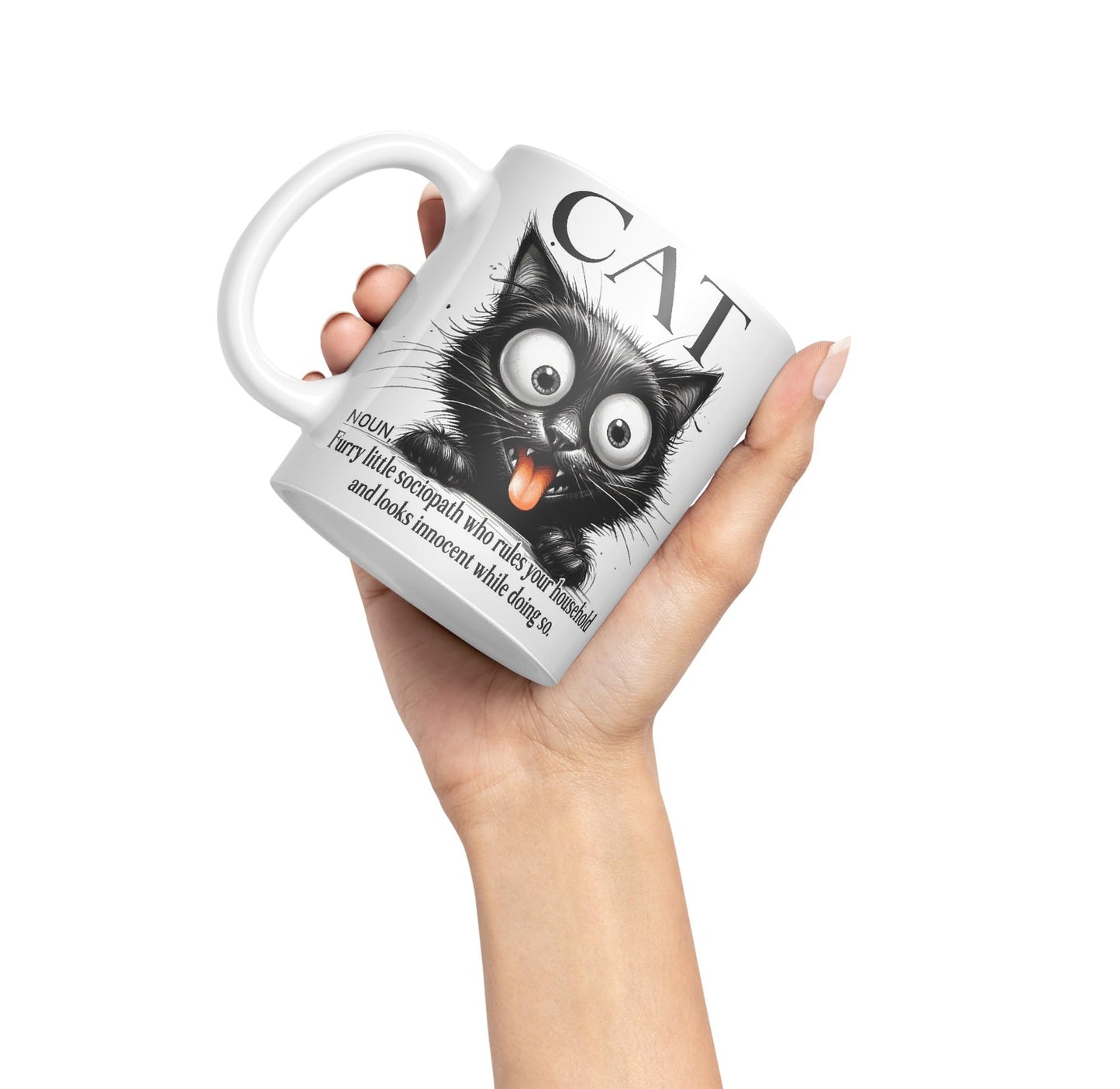 Cat Noun, Furry Little sociapath who Rules Your Household and Looks Innocent White Doing so, Joke sarkasm Sarcastic Ceramic Coloured Mug Cup for Tea Coffee Hot Brew 330ml 11Oz Gift