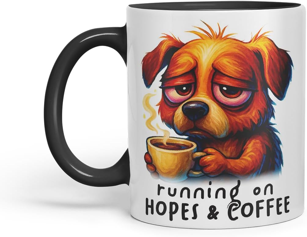 Vixar Running On Hopes and Coffee Funny Dog Mug – Coloured Ceramic Mug Cup Gift, 11oz (Black)