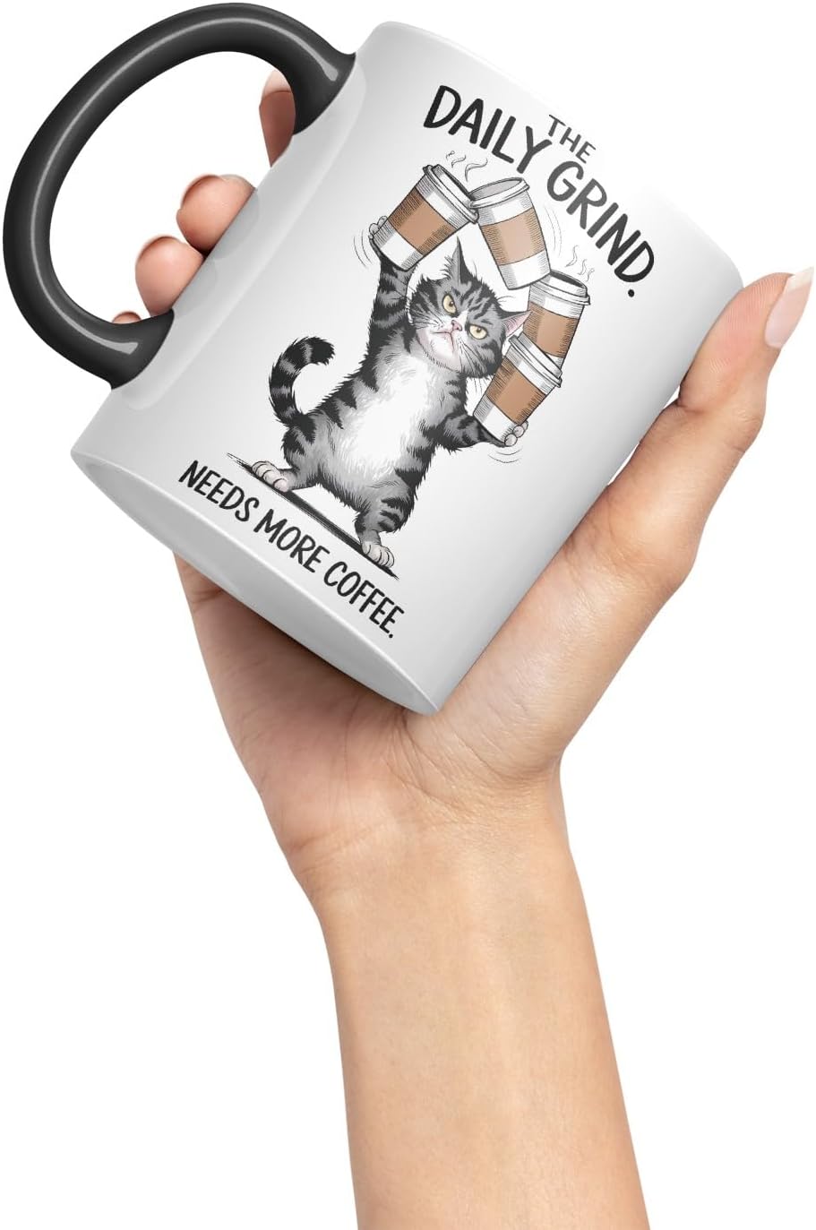 Vixar The Daily Grind Needs More Coffee Cat Mug – Coloured Ceramic Mug Cup Gift, 11oz (Black)