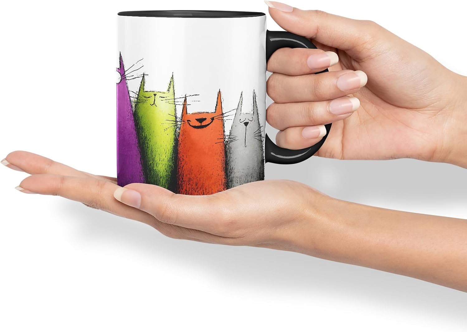 Vixar Funny Colourful Cute Cats Design – Coloured Ceramic Mug Cup Gift, 11oz (Black)