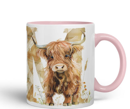 Vixar Highland Cow Alphabet Monogram Coloured Ceramic Cup Mug – Letter M – Rustic Farmhouse Animal Letter Gift – 11oz (Black)