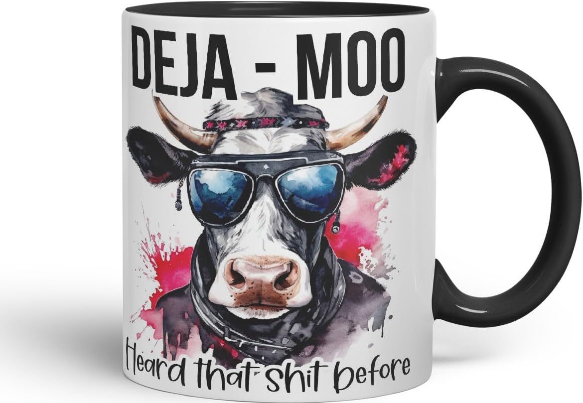 Vixar Deja Moo Heard That Sh.. Before Cow Joke Coloured Ceramic Mug Cup Gift, 11oz (Black)