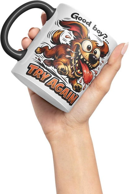 Vixar Good Boy Try Again Funny Dog Mug – Coloured Ceramic Mug Cup Gift, 11oz (Black)