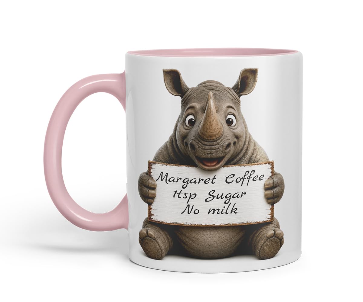Vixar Personalised Rhino Mug with Name or Custom Message – Cute Animal Coloured Ceramic Mug Cup Gift, 11oz (Black)