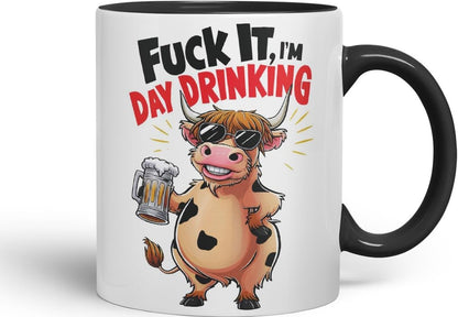 Vixar It I’m Day Drinking (Cow) – Coloured Ceramic Mug Cup Gift, 11oz (Black)