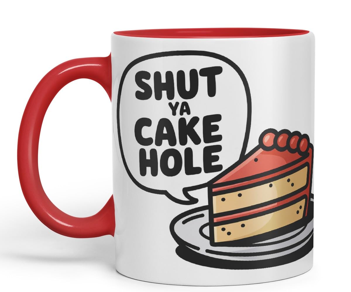 Vixar Shut Ya Cake Hole Funny Cake Mug – Coloured Ceramic Mug Cup Gift, 11oz (Black)